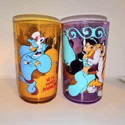 pair of Vintage 90s Disney Aladdin Zak designs plastic cups featuring Jasmine and Genie 