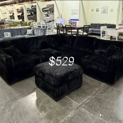 Stylish Black Sectional Sofa With Ottoman Fur-Like Jumbo Corduroy 