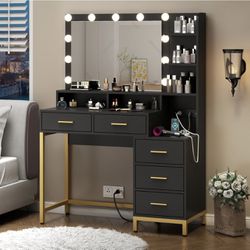 Vanity Desk with Lighted Mirror & Power Outlet