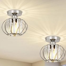 2 Pack Crystal Semi Flush Mount Ceiling Lights Mini Crystal Chandeliers 