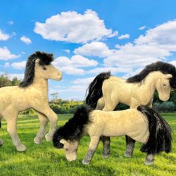 Vintage 1970s Flocked Toy Horses Lot Of 3 Tan With Black Manes & Tails, 5” to 3”