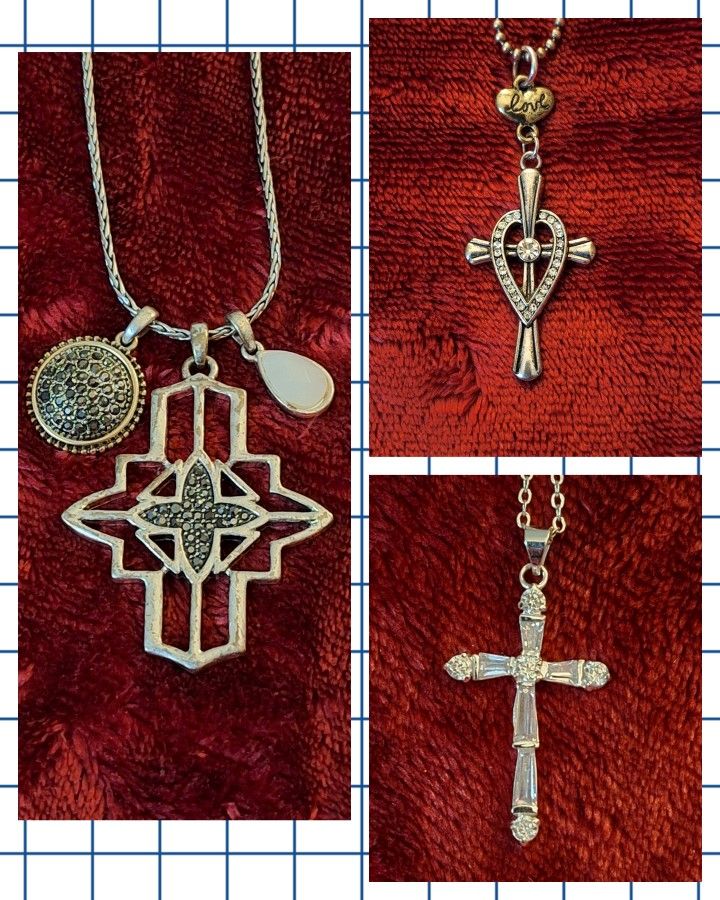 3 Vintage early 2000's, silvertone fashion cross necklace pendants,38", 20", 17"