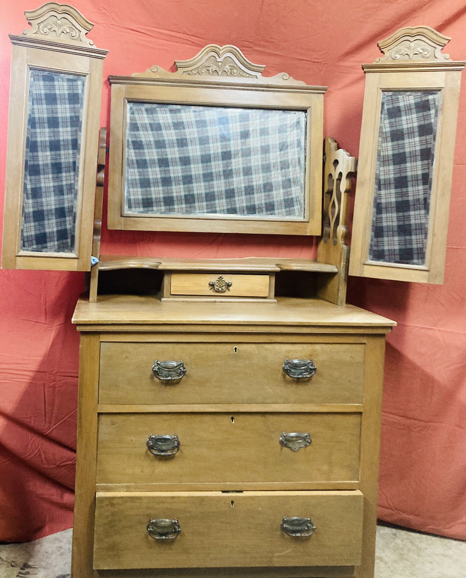 Antique Three Drawer Vanity/Dresser W/Beveled mirrors