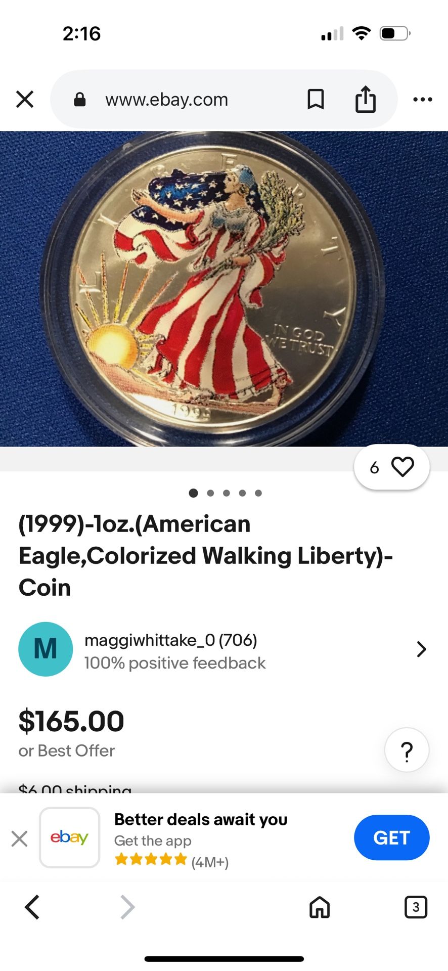 1999 1 oz Silver American Eagle Walking Liberty dollar