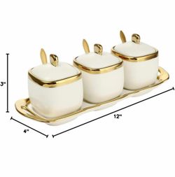 Porcelain Condiment Jar Spice Container with Tray Spoon and Lid