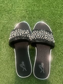 Black Pearl Rhinestone Slide Sandals – Size 38 (Women’s 7.5–8)
