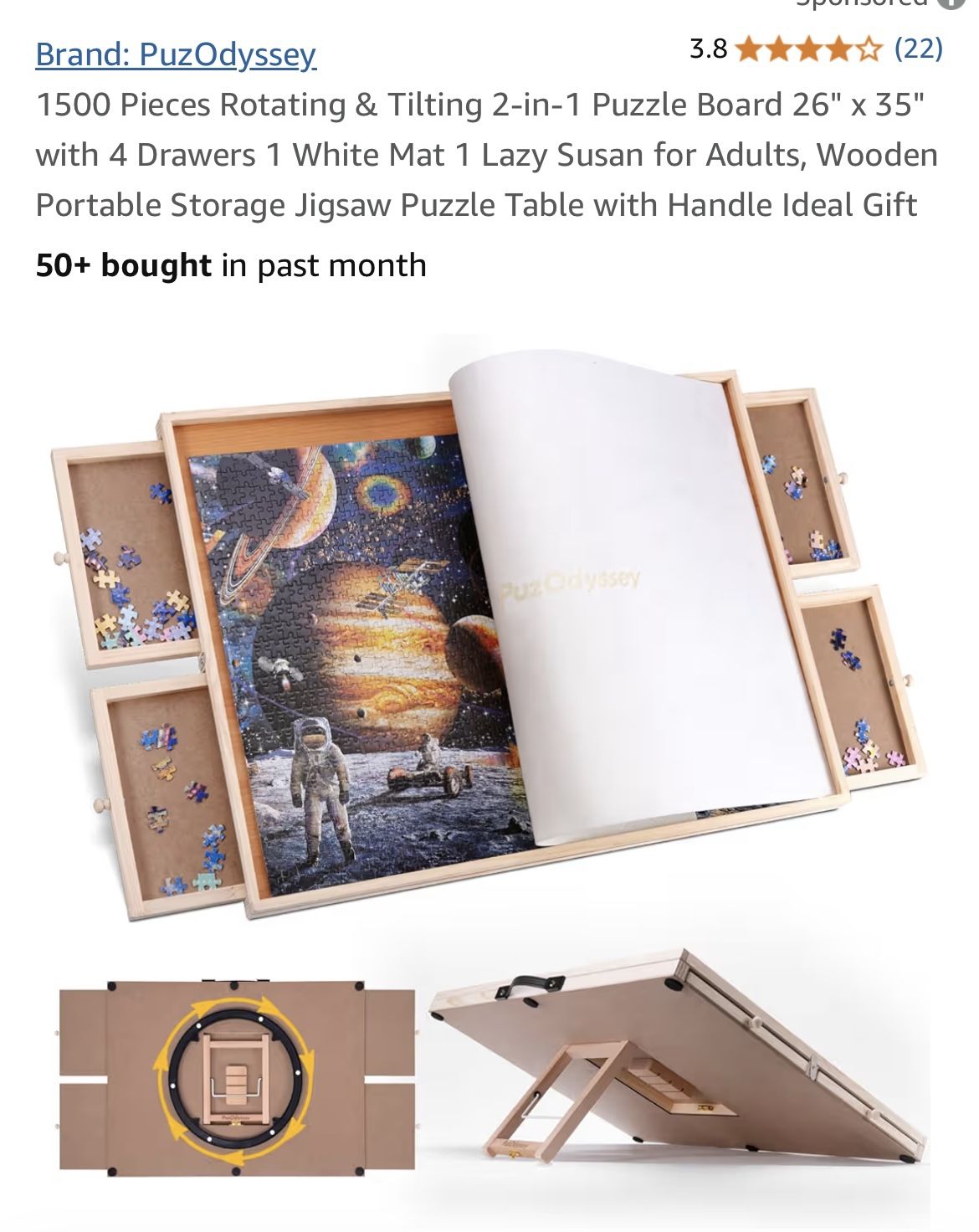 1500 Piece 2 in 1 Puzzle Board Rotating Tilting 26" x 35" w/4 Drawers 1 White Mat 1 Lazy Susan New