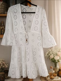 White Eyelet Bikini Cover Up Dress XS Boho Beach Swim Cover-Up