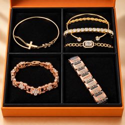 4-Style Bracelet Gift Box Set – Gold & Rose Gold Tone Crystal Jewelry