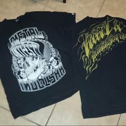 X2 VINTAGE METAL MULISHA HART HUNTINGTON MEN'S SIZE LARGE L BLACK WHITE YELLOW SKELETON SKULL TSHIRT T SHIRT TOP SET