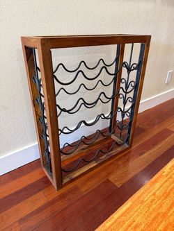 MCM Wood & Hand Forged Wrought Iron Wine Rack Floor Stand Holder Mid Century