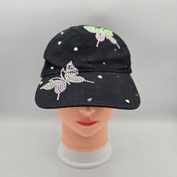 Women's Black Cotton Rhinestone Butterfly Adjustable BaseballHat.  3