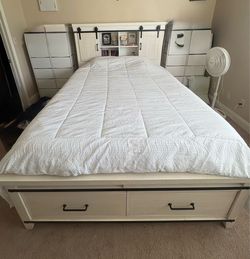 Off white farm style bed frame with headboard
