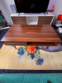 40 in. Walnut Modern Living Room Coffee Table with Drawer and Brass Leg Tips