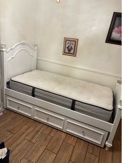 White Wooden Twin Xl Bed Frame + mattress + prebuilt + twin trundle