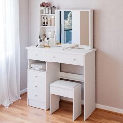 ✨Fully Assembled✨Modern 36” White Makeup Vanity Set✨ — Elegant dressing table featuring a sliding mirror, left-hand drawer, and multi-tier storage she
