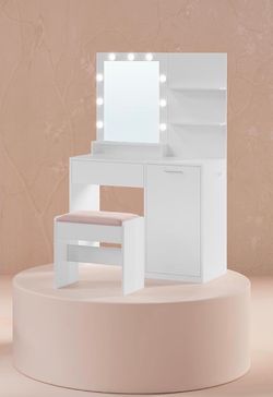 Vanity Desk with Mirror and Lights, 35.4-Inch Wide Makeup Vanity with Upholstered Vanity Stool, Power Outlets, Dimmable LED Lights, Storage Drawer, fo