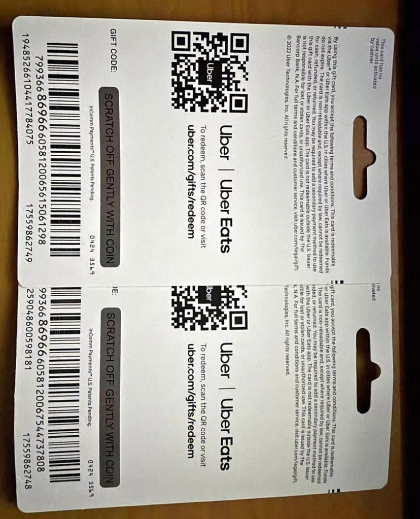 400 Uber/Uber Eats Gift Cards