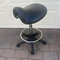 Ergonomic Black Leather Saddle Stool W/ Foot Ring Adjustable 