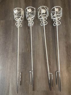 Set of 4 Vintage White Wrought Iron Garden Torches / Candle Stakes