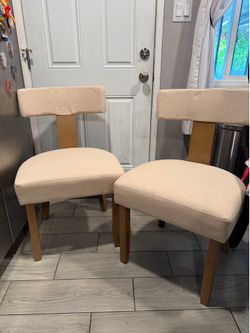 Giantex Upholstered Dining Chairs Set of 2, Mid Century Modern Kitchen Chairs w/Curved Backrest & Rubber Wood Legs, Linen Farmhouse Armless Side Chair