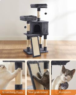 Cat Tree, 45.3-Inch Cute Cat Tower, Plush Climbing Condo, Gray with 4 Sisal Scratching Posts, 2 Perches, Spacious Cave, Scratching Ladder, Toy Balls f