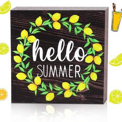 Hello Summer Wooden Sign Lemon Wreath Sign Summer Wood Farmhouse Sign for Home, Kitchen Room Rustic Decoration
