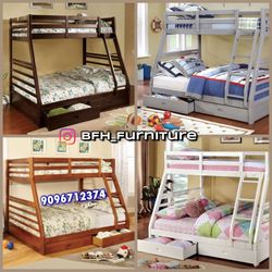 Twin/Full White Bunk bed w. Drawers & Ortho Mattresses Included