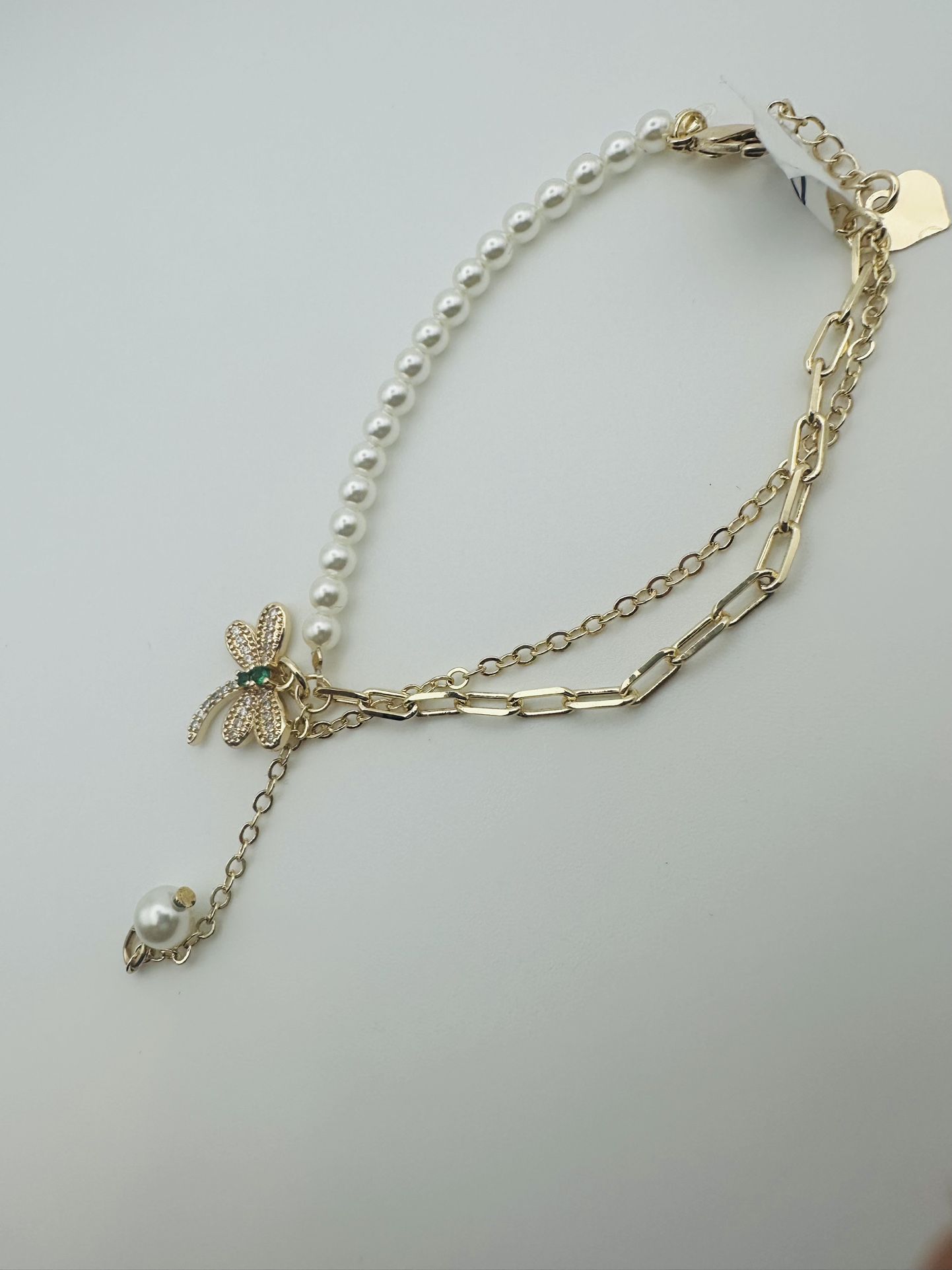 Gold and Pearl Dragonfly Charm Bracelet (Zirconia stone)