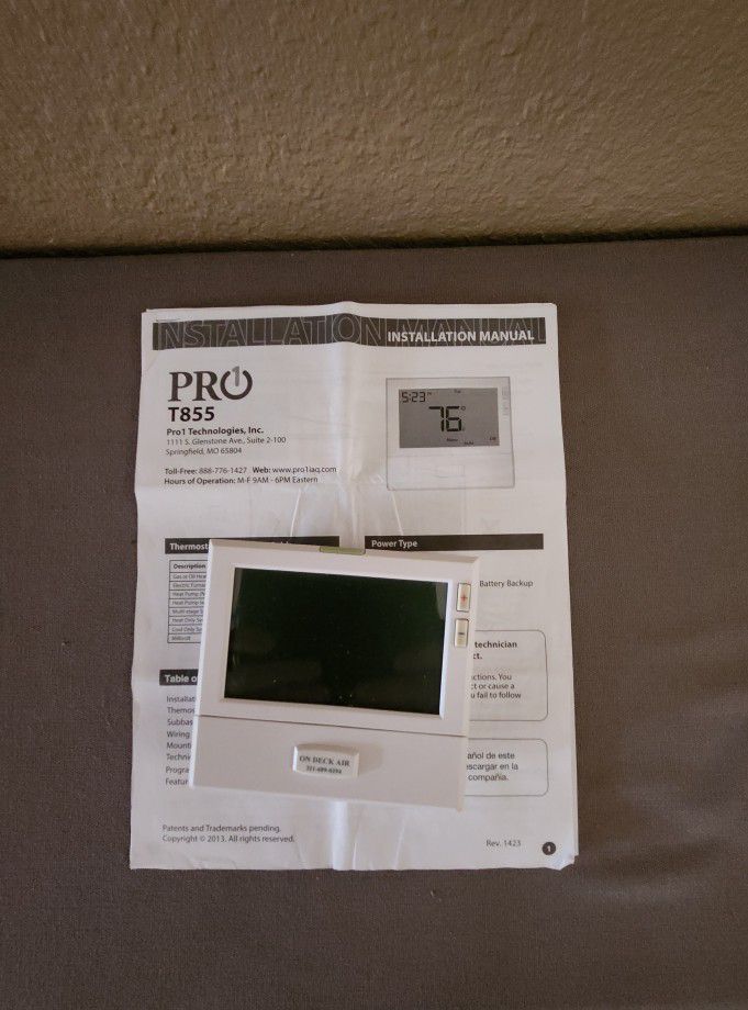 Pro1 Model T855 Programmable Thermostat 