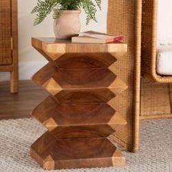 New Boho Solid Suar Wood Side Table - Handcrafted Sculptural End Table with Zigzag Design
