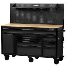 Husky 61inWx23inD 10-Drawer 1-Door Mobile Workbench w/Solid Wood Top & Flip-Up Pegboard in Textured