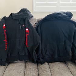 Men’s Hollister and Champion black hoodies. Size Large 