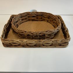 Set of 2 Vintage Pyrex Wicker Casserole Serving Basket Set w/Leather Handles Good Condition 