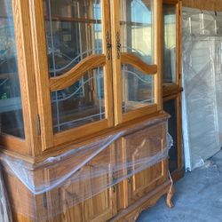Oak Hutch/ Solid Oak Hutch With Glass Doors And Glass Shelving, Case Solid Piece 