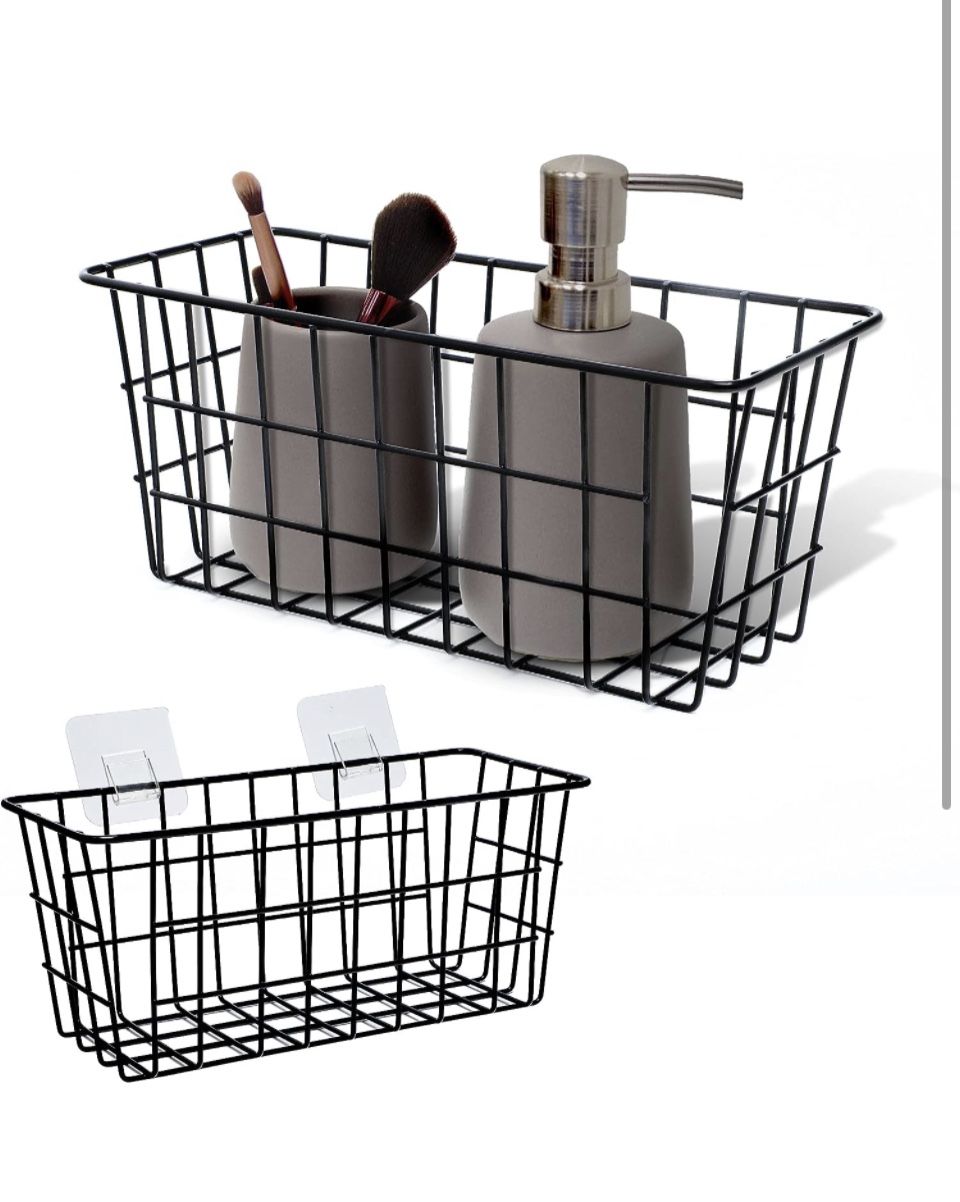Wire Baskets, 2Pcs, 11x 4.7x 4.7 In Rust Resistant Metal Basket  Strong Adhesive - Perfect for Organizing & Storing in Kitchen Bathroom Dorm Shelves 