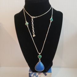 LUCKY Brand Silvertone Blue Stone Teardrop Pendant Bezel Setting Small Green Stones 32" F11