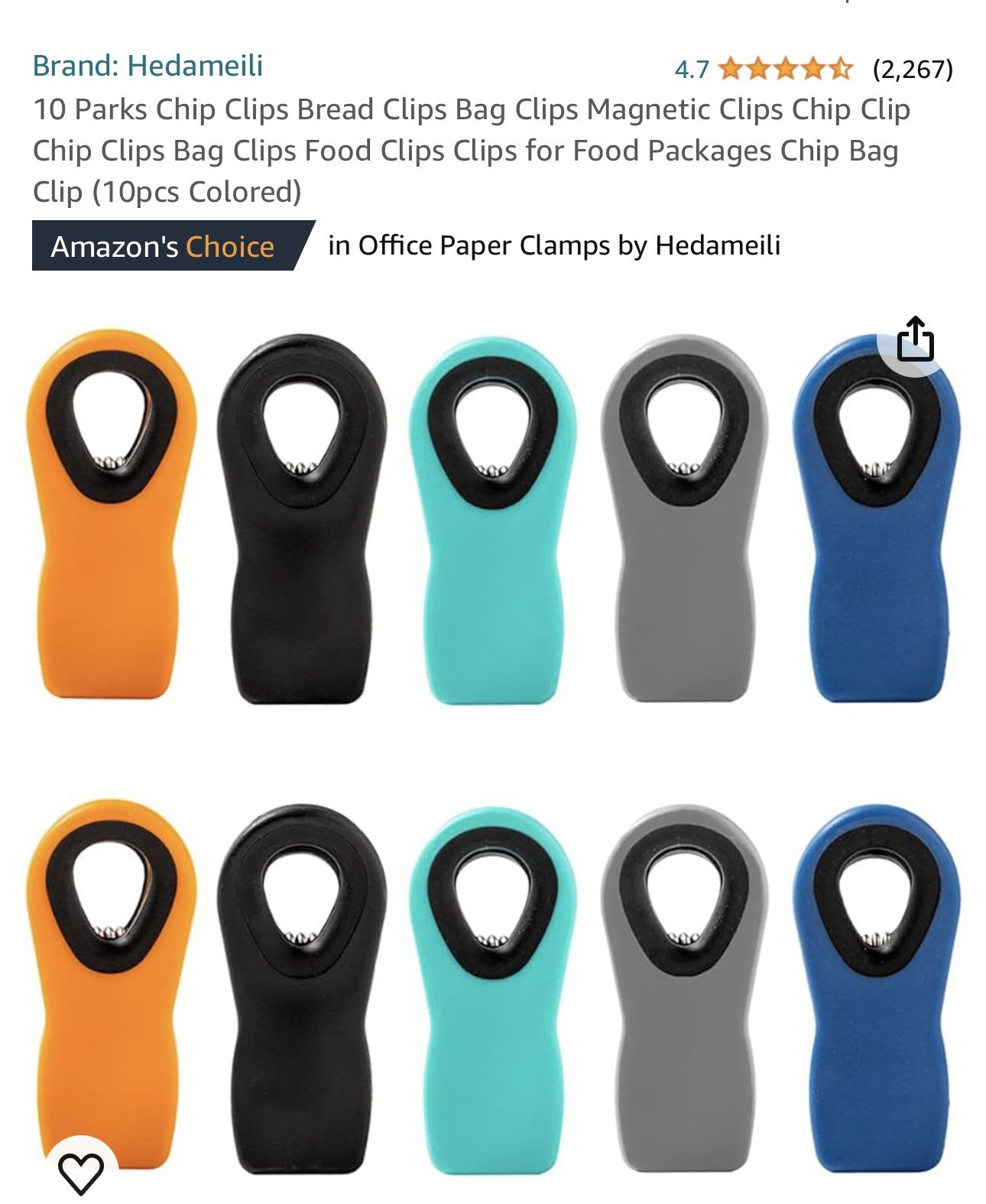 10 Parks Chip Clips Bread Clips Bag Clips Magnetic Clips Chip Clip Chip Clips Bag Clips Food Clips Clips for Food Packages Chip Bag Clip (10pcs Colore