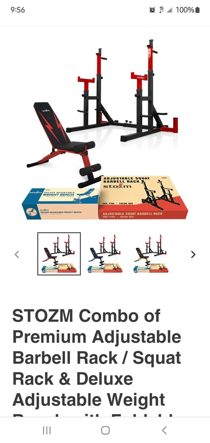STOZM Combo of Premium Adjustable Barbell Rack / Squat Rack & Deluxe Adjustable Weight Bench