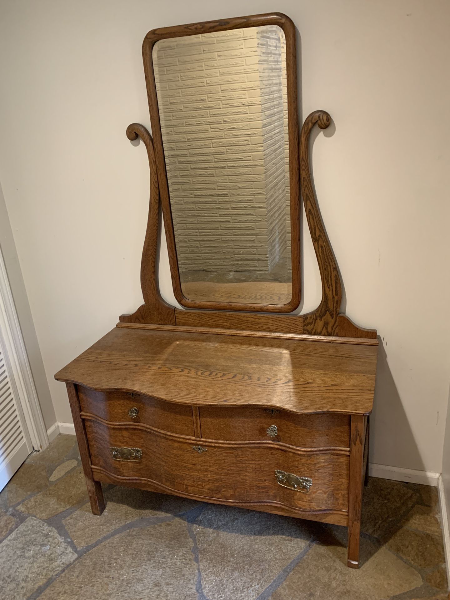 Antique Solid Wood Entryway Chest With Mirror