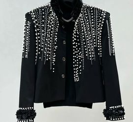 Black blazer with white pearl embellishments #glamour #statement size large new