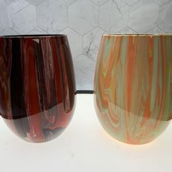 Set of (2) Stemless Wine Glasses, Multi Color Design. Hand crafted.