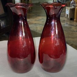 Pair Of Anchor Hocking Royal Ruby Glass Flower Vase Scalloped Top Edge