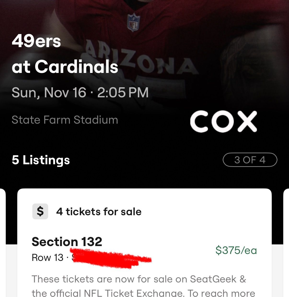 3 tickets Arizona cardinals vs San Francisco 49ers lower bowl center (below cost)