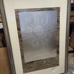 Original Signed Framed Large Foil Art Silver; Sun and Sand Landscape, 34” x 48”  