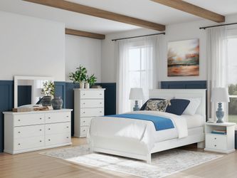Bostwick Shoals White Queen Panel Bed with Mirrored Dresser, Chest and Nightstand (Online Special Price)