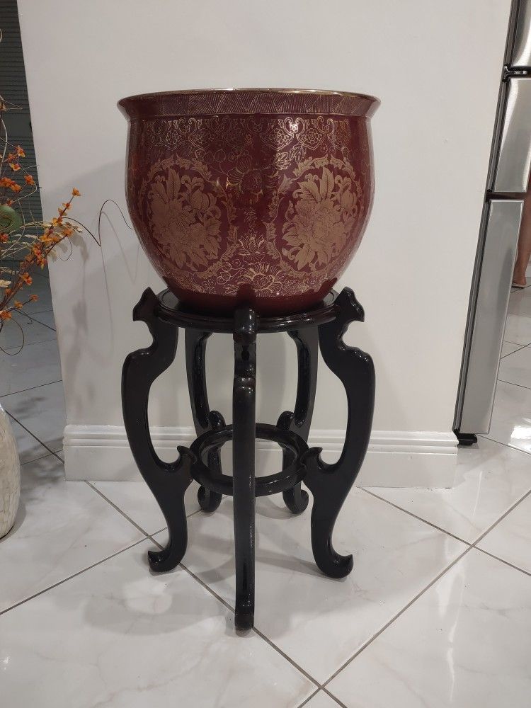 Large Chinese Brown Rosewood Display Stand / Pedestal;20 inches Tall x 12 inches Wide;plus Chinese Flower Pot or Fish Bowl 12 inches Tall x 14 inches 
