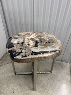 PALECEK Petrified Wood Slab Side Table with Metal Base Gray/Black 20x27.5