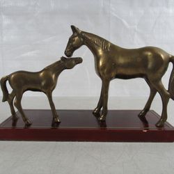 Mare & Foal Solid Brass Vintage Horses Statues On Wooden Base
