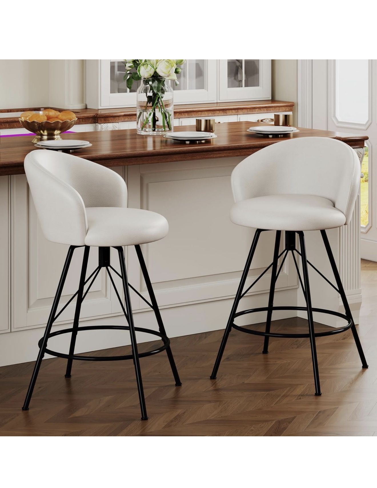 24” Modern Bar Stools Set of 2 – Upholstered & Sturdy (Beige)